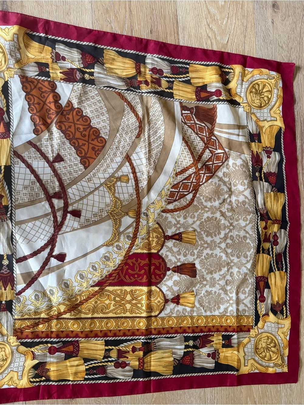 Berkshire Luxury Tassel-Print Silky Scarf in Burgundy, Gold, and Cream